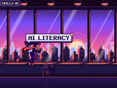 Pixel-art arcade game at sunset: a woman in a suit runs through an open-plan office, jumps over a desk, a flying plant, a runaway robot and a leaking server, and catches skill bubbles.