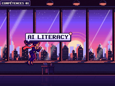 Jeu d'arcade en pixel art au coucher du soleil : une femme en tailleur court dans un open space, saute par-dessus un bureau, une plante volante, un robot incontrôlé et un serveur qui fuit, et attrape des bulles de compétences.